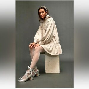 Free People Marty Smocked Sweatshirt Hooded Tunic Mini Dress French Oak Ivory